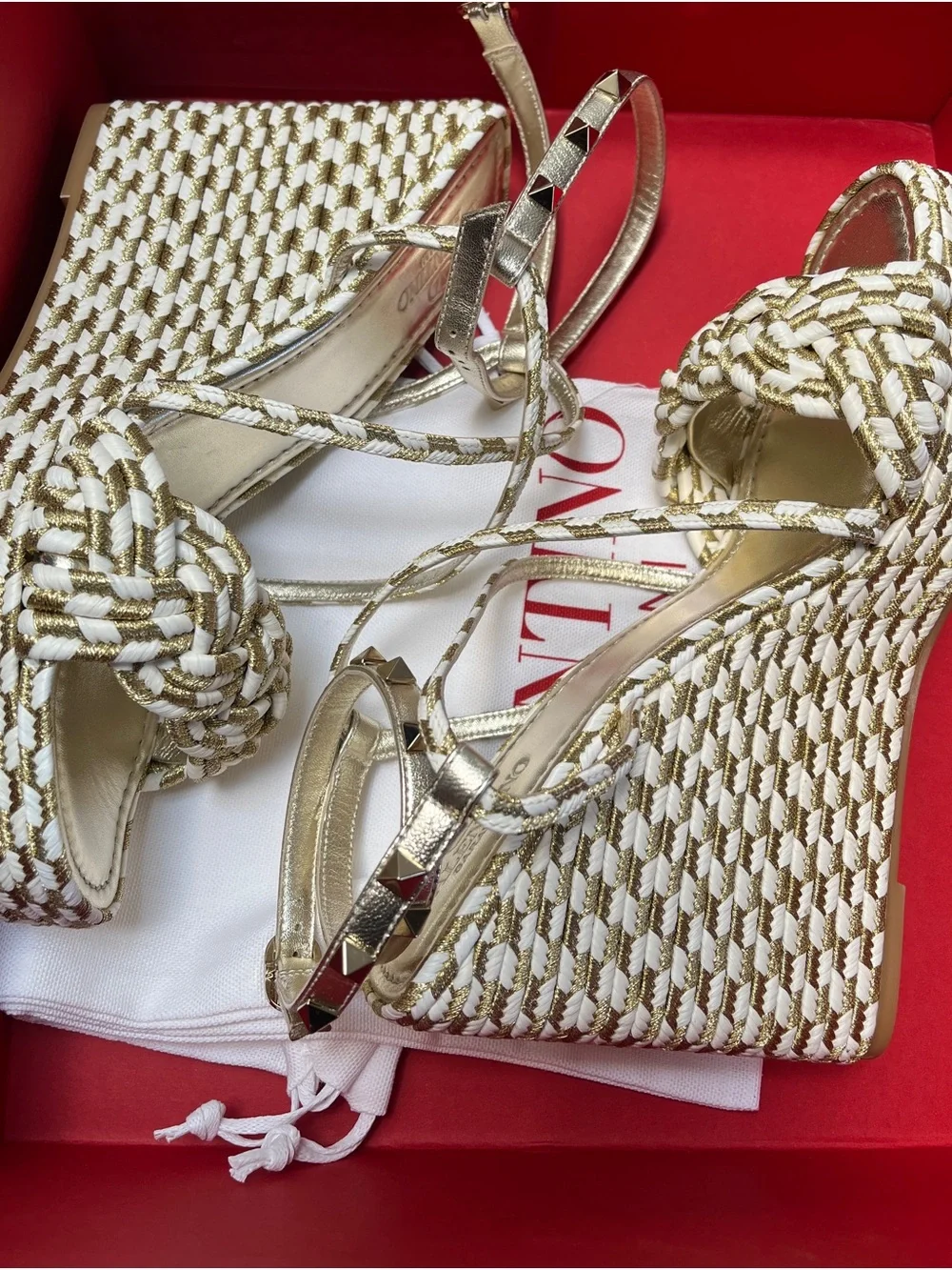 Valentino Garavani Metallic Gold and White Braided Ankle-Strap Heels